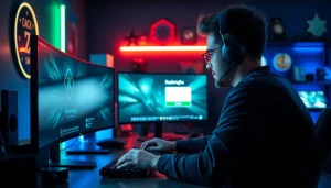 Masuk ke kasinojitu login dengan gamer fokus di meja modern dan latar belakang menarik.