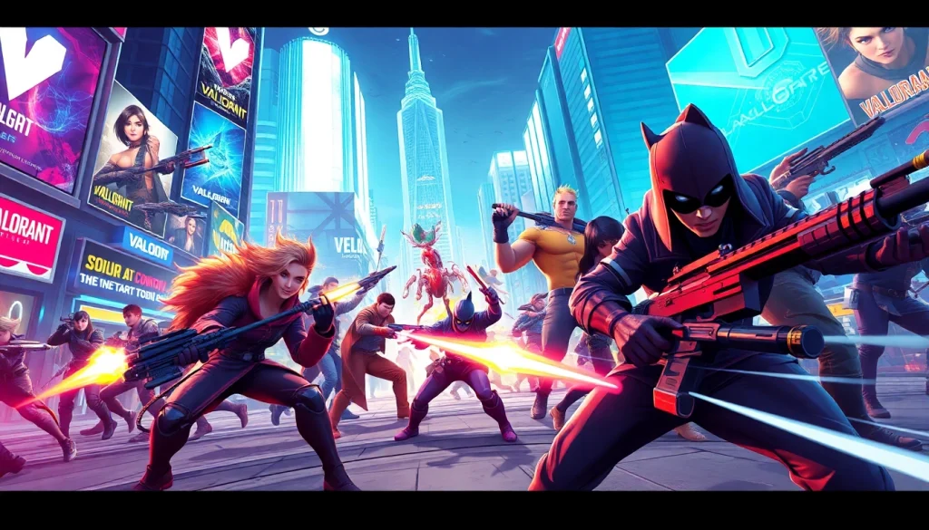 Experience the valorant download with gamers battling in an electrifying futuristic cityscape.