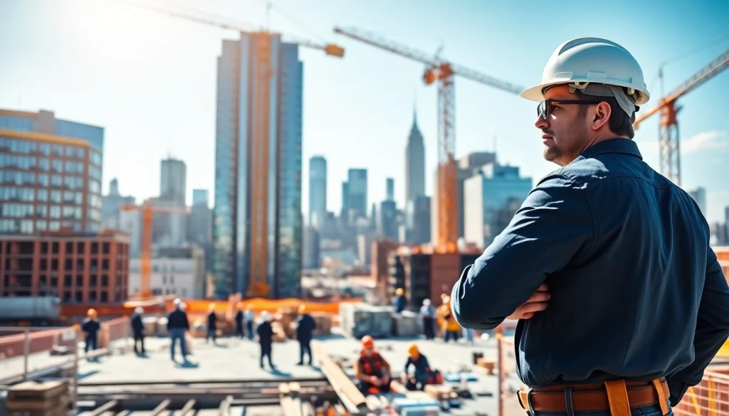 Manhattan General Contractor supervising an urban construction project with a diverse team.