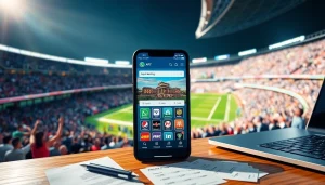 Showcase of the best sports betting sites in India on a smartphone amidst a lively sports setting.