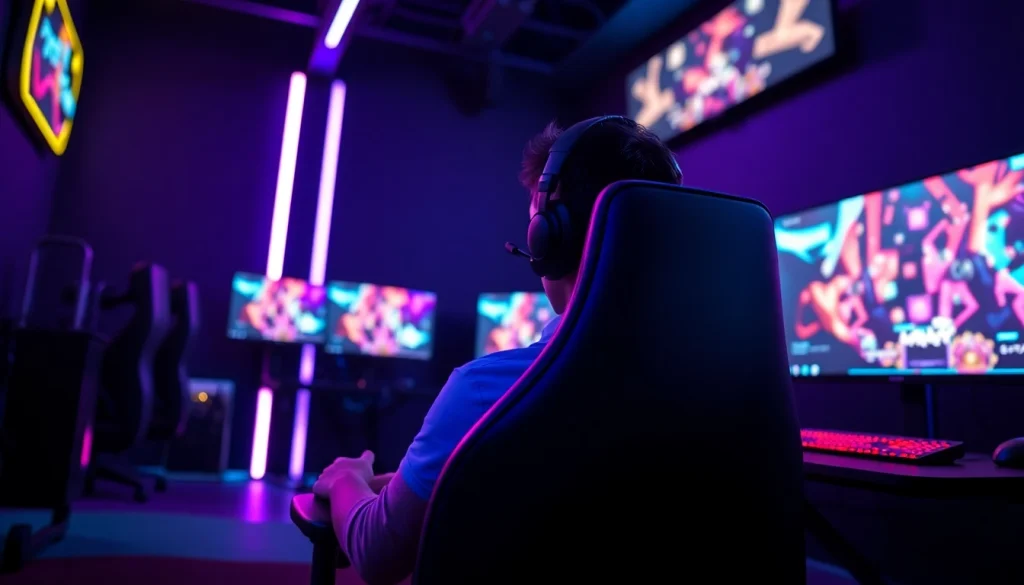 Daftar ggsoft game dengan gamer yang terfokus di ruang permainan modern