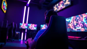 Daftar ggsoft game dengan gamer yang terfokus di ruang permainan modern