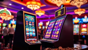 Putar slot yang penuh warna di kasino dengan mesin slot berkilau.