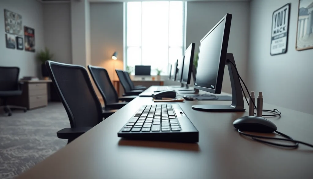 Efficient workspace in a typing center featuring ergonomic setup and modern technology.