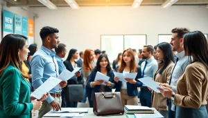 New hire jobs illustrated through a vibrant recruitment fair with job seekers and employers connecting.