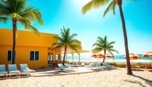 Relax at a coastal cabana featuring a vibrant yellow exterior and palm trees in a beach setting.