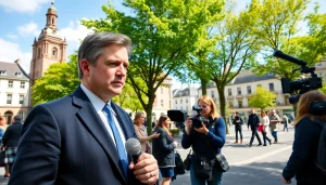 Reporters capturing local stories for https://diknews.co.uk/dunfermline-news/ in a vibrant town square in Dunfermline.