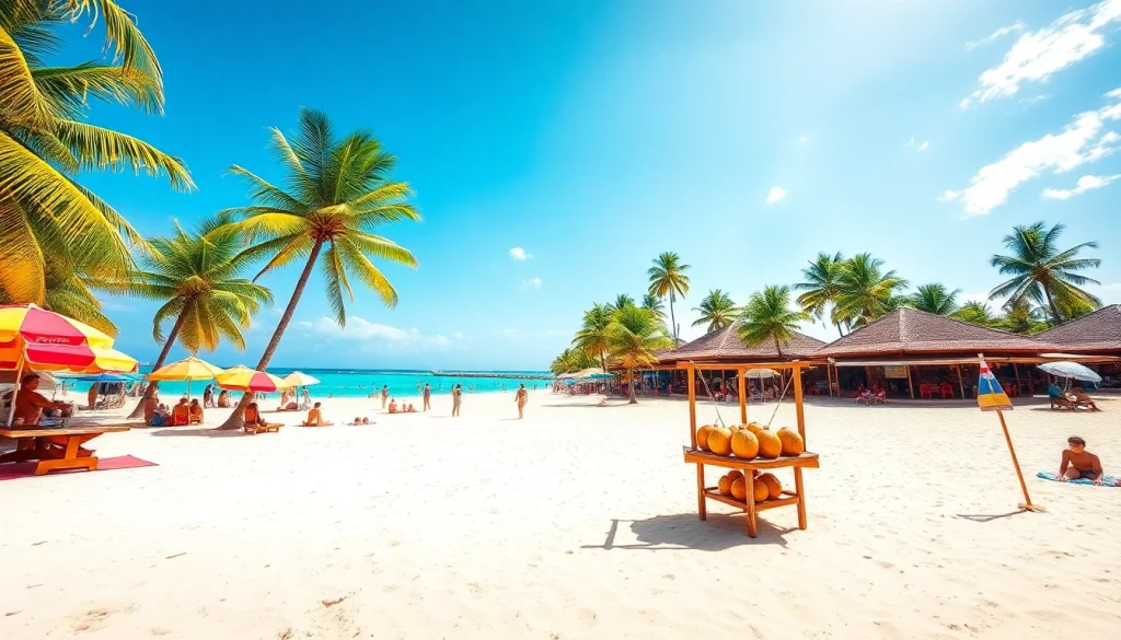 Cena de praia deslumbrante em Paripueira, Alagoas, com águas turquesas e guarda-sóis vibrantes.