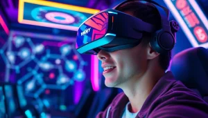 Immerse yourself in the gaming experience at https://www.trilgameshproject.com with a futuristic VR player engaged in a dynamic scene.