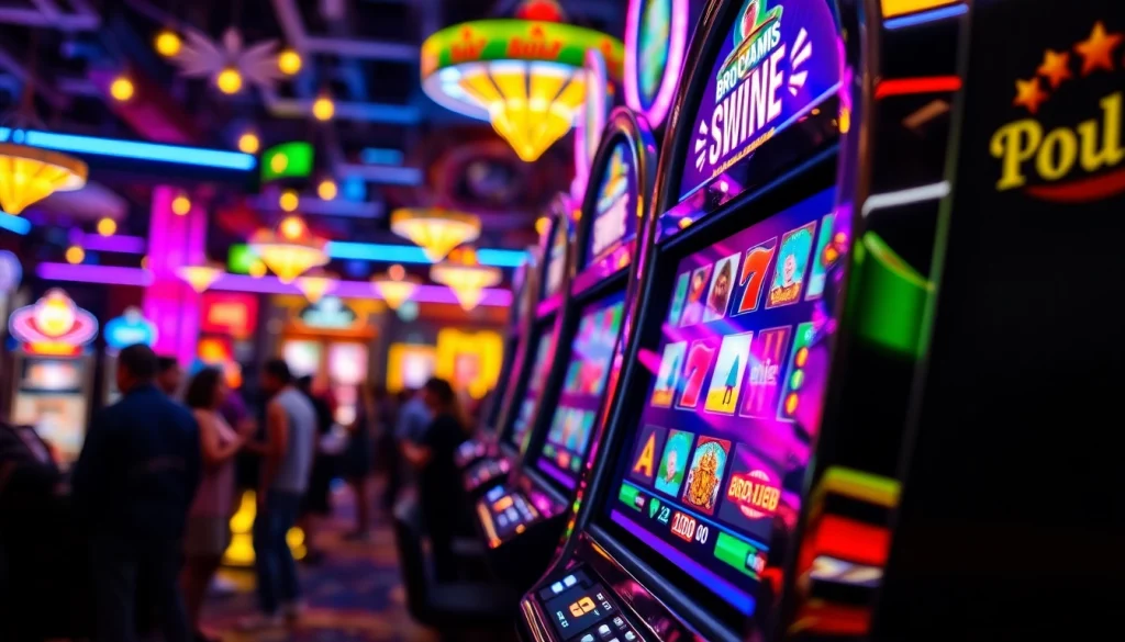 Putaran menarik pada mesin bro138 slot dengan latar belakang kasino yang ramai.