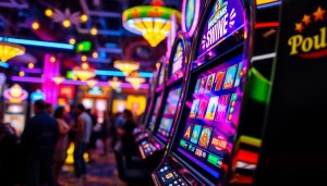 Putaran menarik pada mesin bro138 slot dengan latar belakang kasino yang ramai.