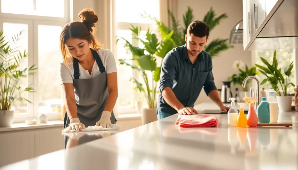 Cleaning Service team meticulously organizing a bright kitchen with sunny ambience.