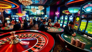 Experience the thrill of gaming at mm88.directory with vibrant casino tables, poker chips, and spinning roulette wheels.