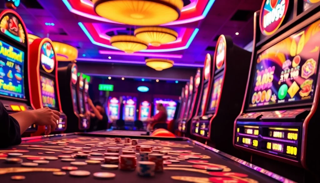 Memenangkan permainan Unogg slot game dengan atmosfer kasino yang ramai dan slot berwarna-warni.