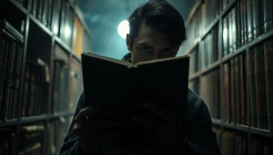 Engaging narrative featuring a captivating Thriller book in a suspenseful library setting.