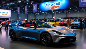 View of an Auto Cars Show showcasing vibrant new car models and an exciting crowd.