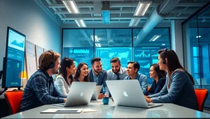 Showcase team collaboration on Business IT Solutions in a vibrant tech office.