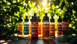 Eine Auswahl an flüssigen Vape-Flaschen zeigt verschiedene Geschmäcker.