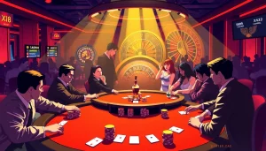 Enthusiastic players engage at a high-stakes poker table at Nhà cái XX88, showcasing thrilling gambling moments.