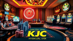 Exciting casino atmosphere showcasing KJC AC 2 elements with tables, cards, and vibrant slot machines.