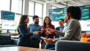 Engaging meeting featuring the marketing team analyzing key performance metrics with 79king highlights.