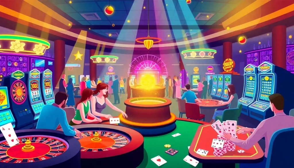 Exciting gambling scene with KJC AC 3 poker tables and vibrant slot machines.