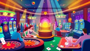 Exciting gambling scene with KJC AC 3 poker tables and vibrant slot machines.