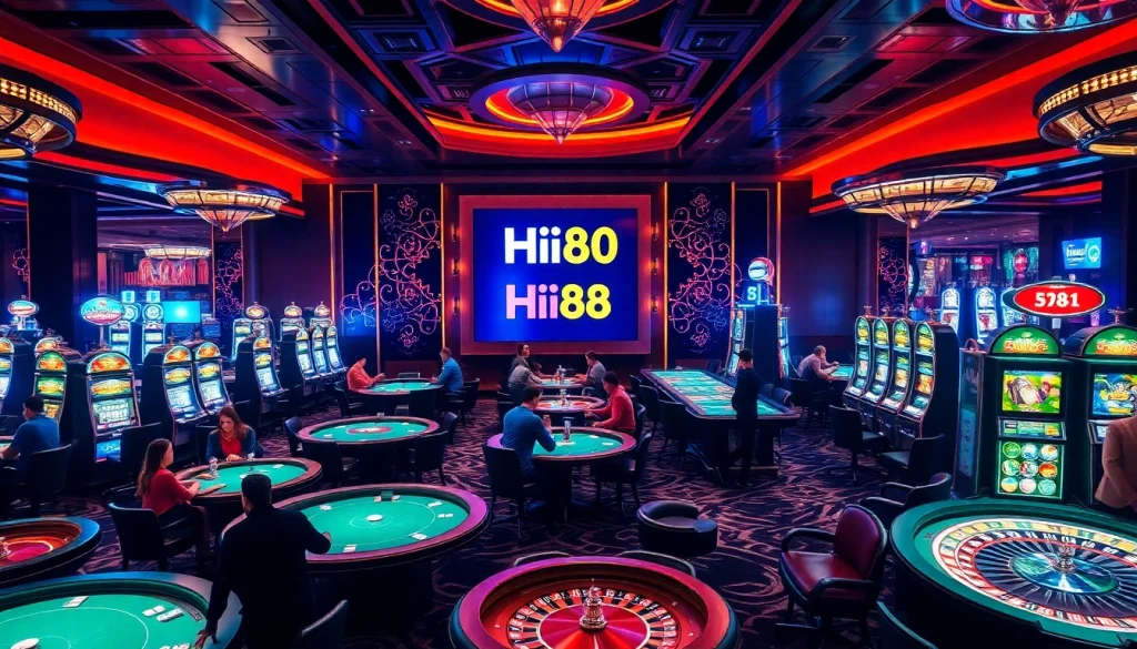 Experience thrilling gaming at Hi88, featuring modern poker tables and vibrant slot machines.