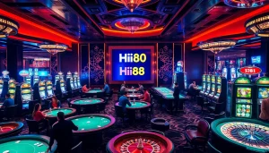 Experience thrilling gaming at Hi88, featuring modern poker tables and vibrant slot machines.