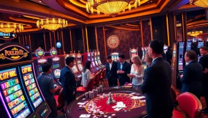 Engaging slot community discussing strategies near colorful slot machines