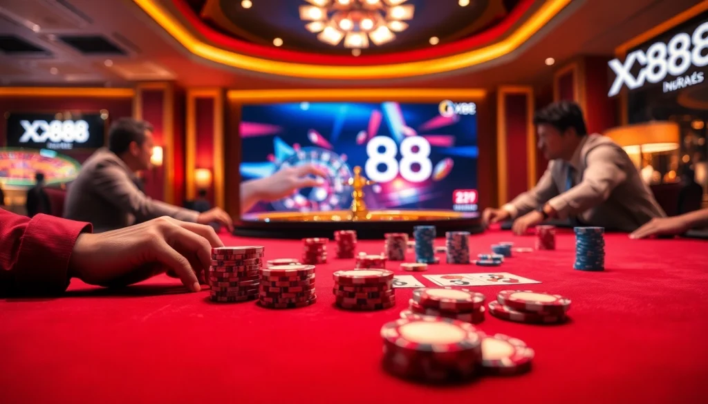 Players enjoying baccarat at XX88 casino table, featuring luxurious chips and cards.