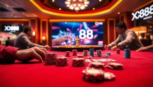 Players enjoying baccarat at XX88 casino table, featuring luxurious chips and cards.