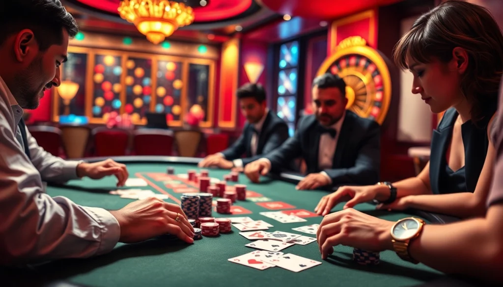 Experience the excitement of XX88 as players engage in a thrilling poker game at a luxurious casino table.