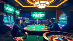 F8bet players enjoying vibrant poker games at a luxurious online casino table.