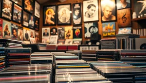 Showcase of diverse audio CDs in a cozy record store environment.