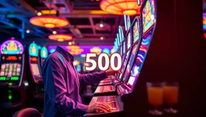 Slot bet 50 dalam suasana kasino yang ceria dengan cahaya neon yang berkilau