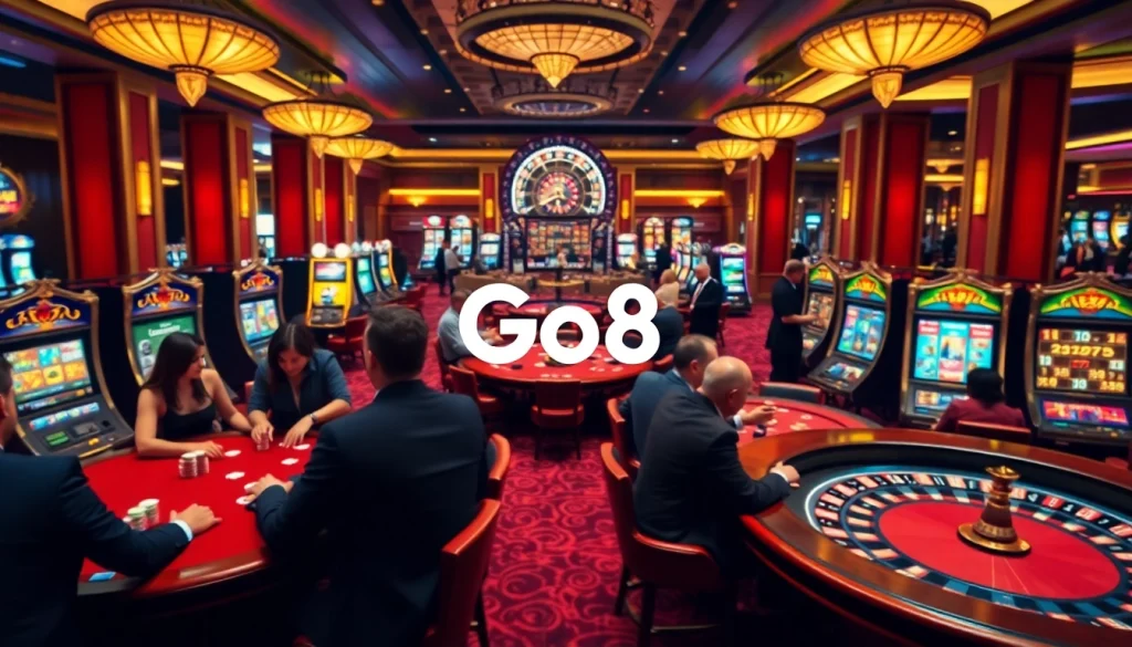 Excited players enjoying a vibrant Go8 casino experience with poker tables and bright slot machines.