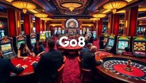 Excited players enjoying a vibrant Go8 casino experience with poker tables and bright slot machines.