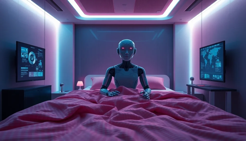 A modern AI sex companion interacting with a user in a warm, intimate bedroom setting, showcasing advanced technology.