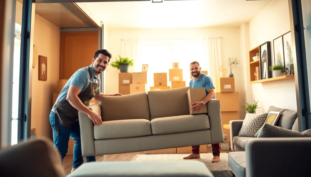 Engaged movers Vancouver efficiently packing belongings into a moving truck in a bright home.