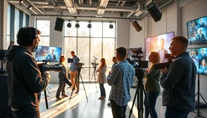 Engaging corporate video production scene showcasing teamwork and high-tech gear.