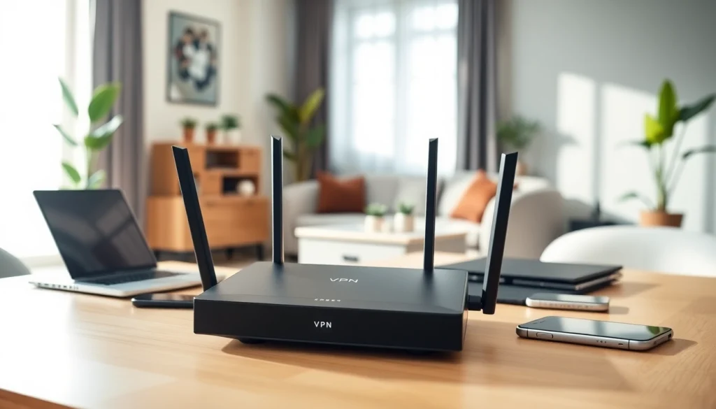 Highlighting a vpn router for home connected to multiple devices in a modern workspace.