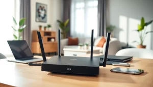 Highlighting a vpn router for home connected to multiple devices in a modern workspace.