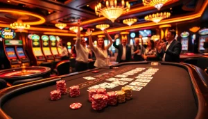 Engaging scene at a KK Win casino table with vibrant chips and lively players.