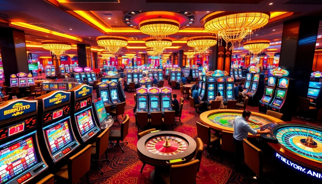 Experience the thrill of winning with BIRUTOTO as players engage at vibrant casino tables and slot machines.