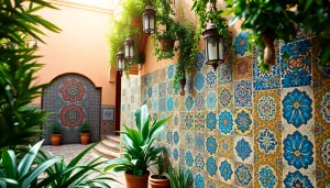 Des carreaux zellige magnifiques exposés dans une cour marocaine, présentant des motifs complexes et des tons terreux.