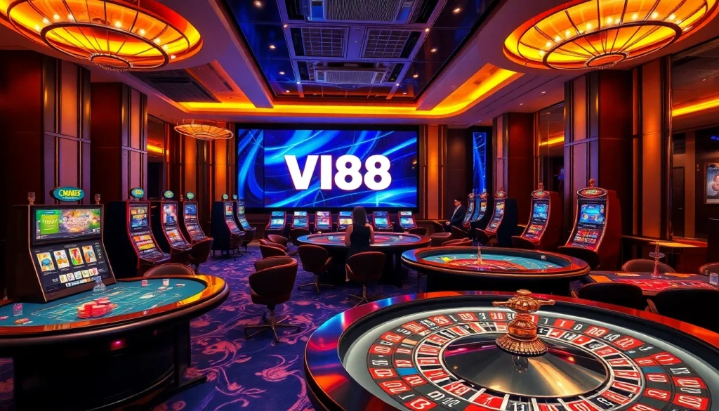 Experience the excitement of online gambling at VN88 with poker tables and vibrant slot machines.