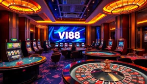 Experience the excitement of online gambling at VN88 with poker tables and vibrant slot machines.