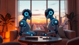 AI sex bot engaging in a warm interaction with a user in a modern, intimate setting.