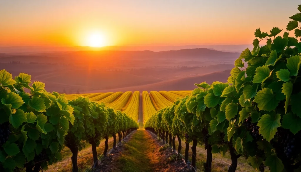 Savoring the beauty of Sacramento Wineries during sunset with lush vineyards and rolling hills.